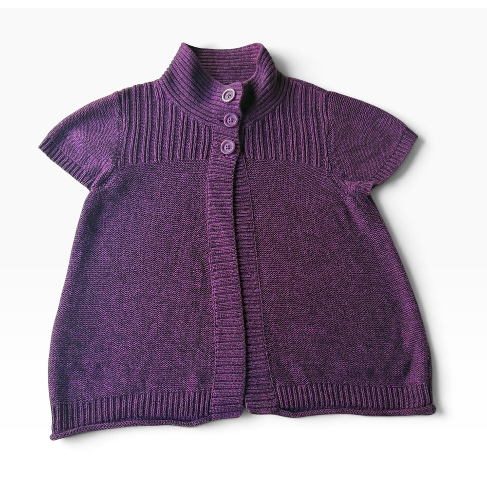 IZOD Women's XL Purple Short Sleeve Cardigan Sweater Button Neck Open Front